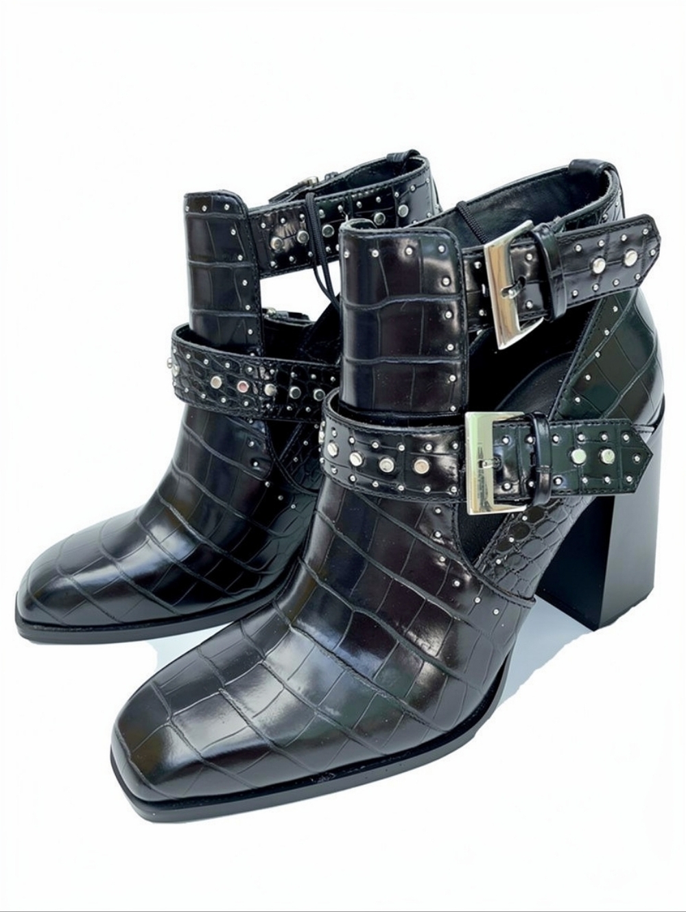 ZARA Black Croc Cut Out Ankle Boots Studded Buckle Straps Sz 40 US 9 Block Heel